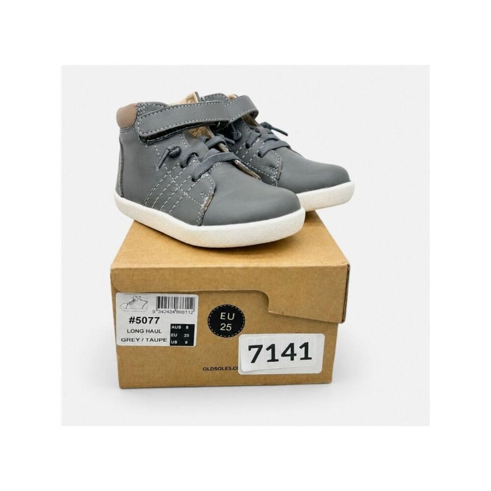 Leather Toddler High Top Sneakers Boys Size 9 Grey Taupe Hook and Loop Old Soles - Picture 2 of 9